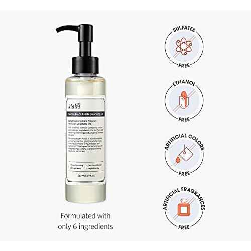DearKlairs] Gentle Black Fresh Cleansing Oil, a light and spreadable texture, only 6 ingredients, For Oily Sensitive Skin, Vegan, Korean Skincare (5.07 Fl Oz)