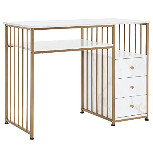 BarberPub Manicure Table with Storage Drawers - Golden Nail Desk