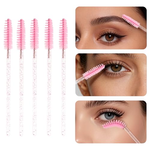 Myaokue-up 100 Pcs Disposable Eyelash Wands & Spoolies with Pink Container