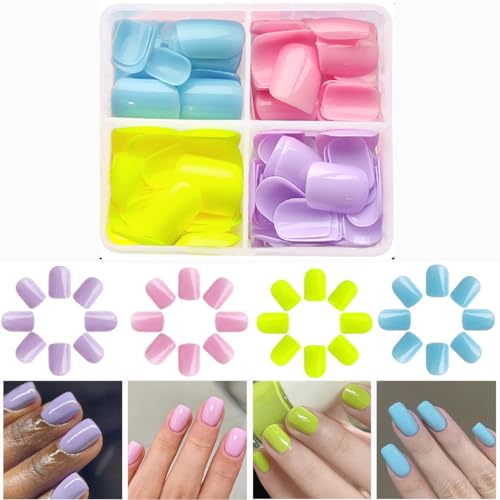 96Pcs Press on Nails Short Square Fake Nails Full Cover Acrylic Nails with 4 Colors Nails Art Design Glue on Nails Solid Color Artificial Nails Tips for Women Girls Manicure (A)