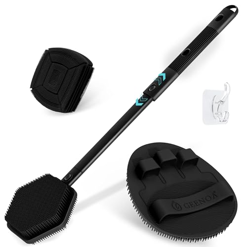 Silicone Back/Face Scrubber & Bath Glove Set 3PCS, Extendable Back Scrubber with Dual-Side Large Head, 360¡Æ Anti-Slip Bath Glove, Unique Side-bristle Face Scrubber for All-round Cleaning(Black)