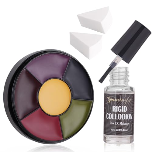 Fake Scar Bruise Makeup Kit,6 Color Bruise Wheel Body Paint and Rigid Collodion with Brush, Halloween Special Effects Makeup Kit with 2 White Sponges,Hunting Camo Face Paint