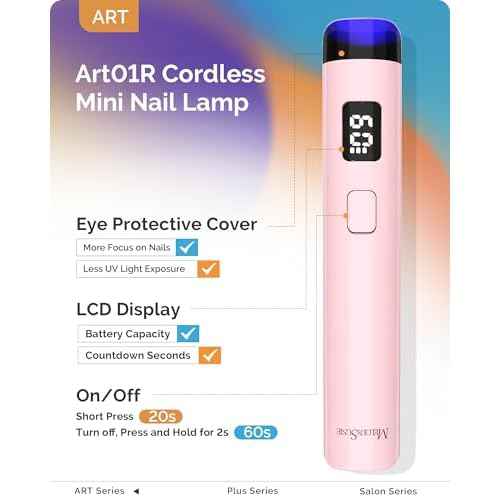 MelodySusie Handheld Cordless UV Nail Lamp with LCD Display & Eye-Protection Cover, P-Art01R Rechargeable Mini UV LED Light Flash Cures All Soft Gels, Especially Rhinestone Glue & Liner Gel Pink