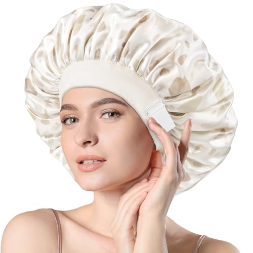 mikimini Satin Bonnet for Sleeping, Adjustable Silk Bonnets for Women, Soft Large Hair Bonnet for Curly Hair Long Hair and Braid with Elegant Creamy Dots Design