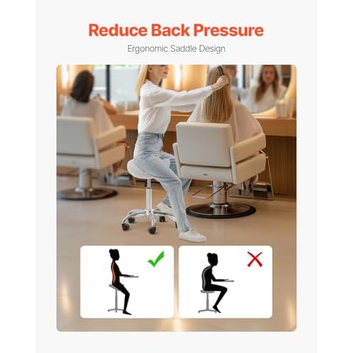 VEVOR Saddle Stool with Wheels, 450 LBS Weight Capacity Ergonomic Rolling Stool, Height Adjustable Thickened PU Leather Swivel Saddle Chair for Salon, Spa, Massage, Tattoo, Clinic, White