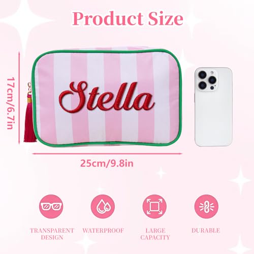 Personalized Embroidered Striped Cosmetic Bag with Name - Waterproof Travel Makeup Case