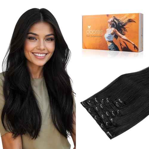 DOORES Clip in Hair Extensions, Jet Black 14 Inch 7pcs 120g, Thick Remy Human Hair Extensions Clip in Real Natural Straight