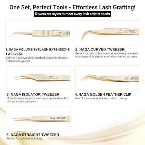 NAGARAKU 5 PCS Tweezers for Eyelash Extensions Straight and Curved Precision Professional Tweezer for Lash Extensions Volume Easy Fanning lash Precise Point with Storage Case Bag