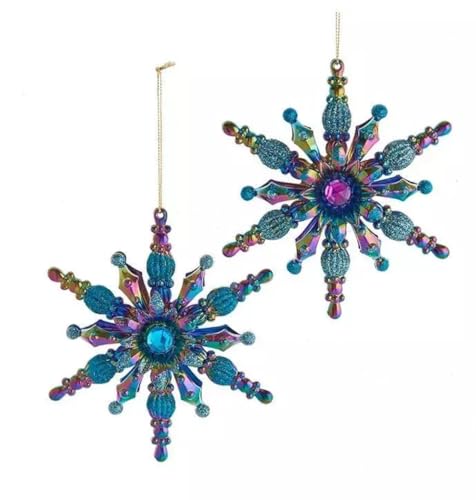 The Bridge Collection Peacock Inspired Snowflake Ornaments, Set of 2 Blue Green and Purple Snowflakes for Peacock Themed Christmas Tree