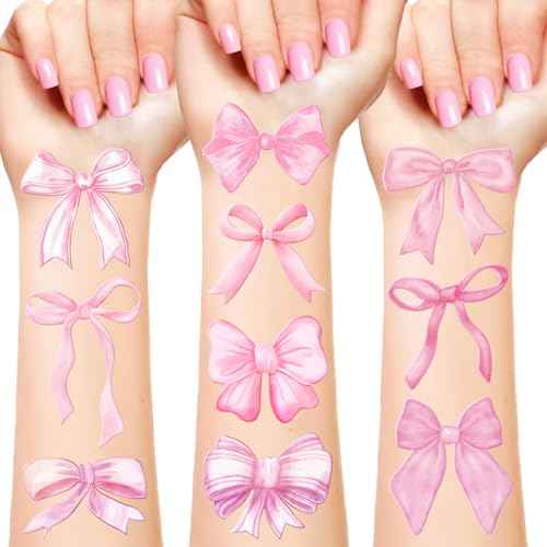 96 PCS Pink Coquette Bows Temporary Tattoos Stickers, Pink Bow Party Favors Coquette Bow Birthday Party Decorations Supplies for Adults Women, 16 Sheets