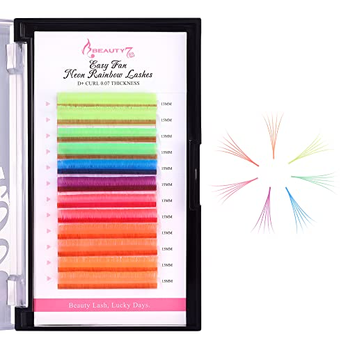 Beauty7 Colored Lash Extension Easy Fan Neon Rainbow Lashes 7 Colors Volumn Lashes Ombre Lash Extensions Self Fanning D+ Curl 0.07mm 13mm 15mm Dramatic Eyelashes