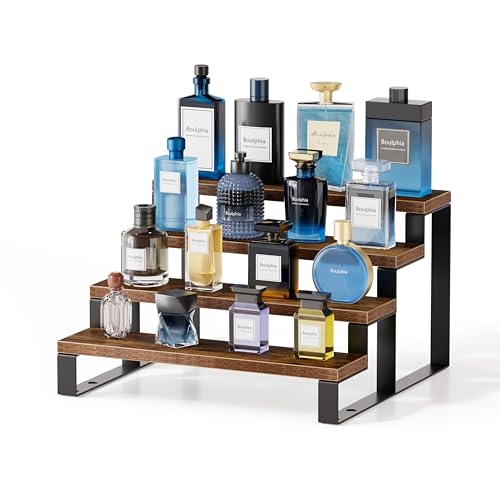 Cologne Organizer for Men, 12 Inch Wood Cologne Stand 4 Tier Perfume Organizer for Dresser, Versatile Step Display Stand Shelf for Fragrance, Skincare, Figurine, Dessert, 1 Set Brown