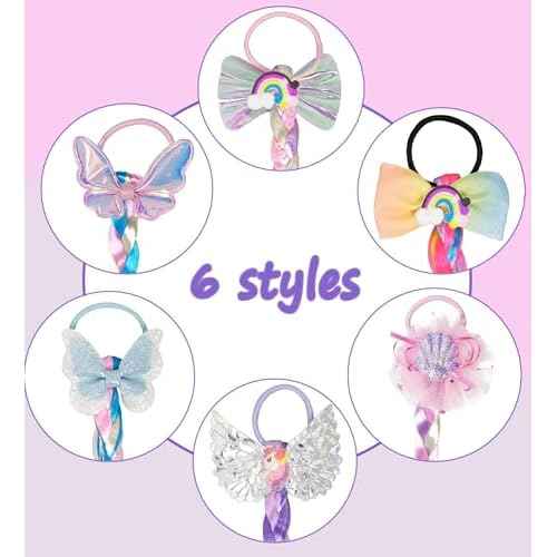 6 Pcs Rainbow Color Braids Hair Extensions - Ponytails & Bows with Rubber Bands - Glitter Braided Wig - Cosplay Hair Accessories for Girls & Women