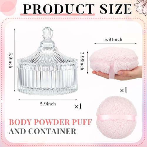 Tioncy 2 Pcs Extra Large Dusting Powder Puff and Container for Women-6'' Glass Crystal Dusting Powder Container with Body Soft Washable Reusable Velour Face(Clear,Classic)