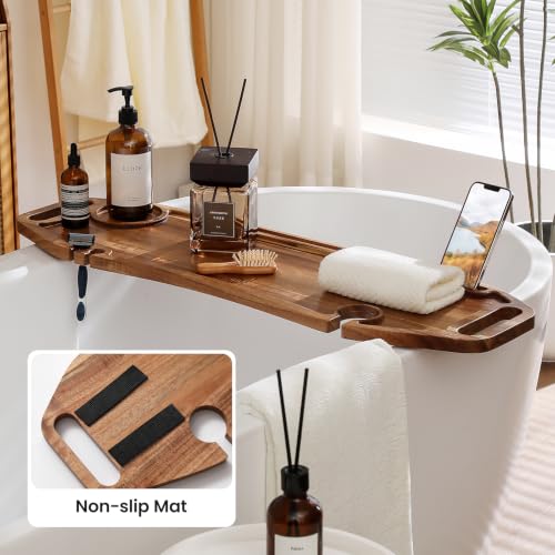 35 Inch Acacia Wood Bathtub Tray with Wine Holder