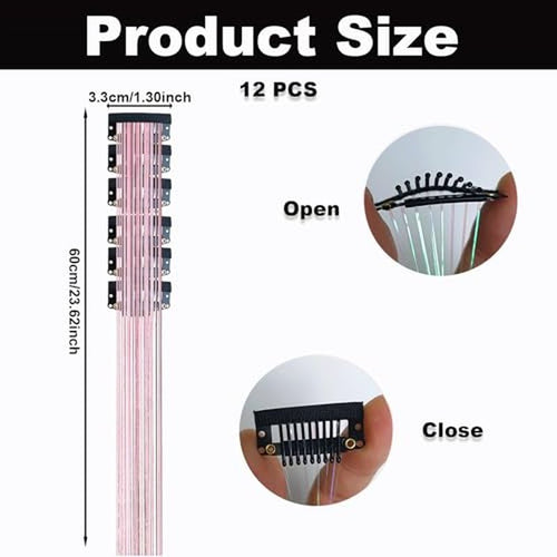 12PCS Pink Hair Tinsel Extensions 23 Inch Clip-In