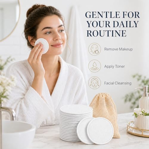 Reusable Makeup Remover Pads - 15 Pack Washable Cotton Rounds with Mesh Bag