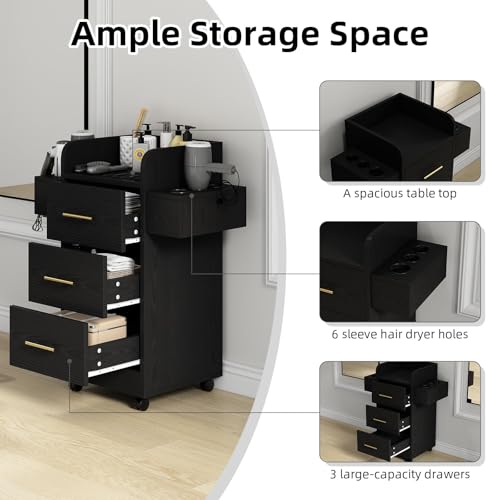 Rolling Salon Station with 6 Hair Dryer Holders & 3 Drawers