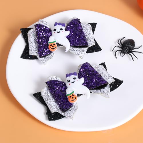 Halloween Ghost Hair Bow Clips Girls Cute Glitter Hair Clips 3 Layers Sparkly Hair Accessories for Halloween Party, Black & White & Purple