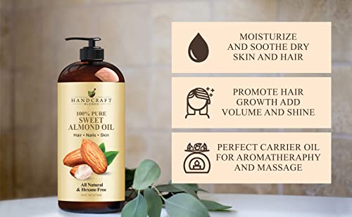 Handcraft Blends Sweet Almond Oil - 100% Pure and Natural - Premium Therapeutic Grade Carrier Oil for Essential Oils - Massage Oil for Aromatherapy - Hair Tonic - Body and Hair Oil - 16 fl. Oz