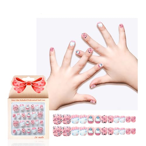 Kawyehu Kids Press on Nails Short Almond Children Fake Nails Artificial Nail Tips Adhesive Full Cover Short False Fingernails for Girls Kids Nail Decoration (Summer Flower-B)