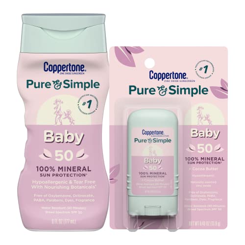 Coppertone Pure and Simple Baby Mineral Sunscreen Pack, Hypoallergenic and Tear Free Sunscreen for Babies, Baby Sunscreen Lotion SPF 50, 6 Fl Oz Bottle + Baby Sunscreen Stick SPF 50, 0.49 Oz