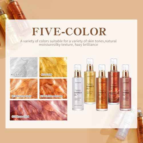 Liyalan Shimmer Body Oil 5 Color Gold 3.38 Fl Oz Face Glow Pearl Highlighter Illuminator Body Makeup Shine Glitter Gold Liquid Taning