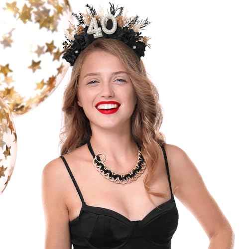 Black 40th Birthday Headband - 40th Birthday Crown for Her Gifts Ideas for Women Friends 40 Years Old Party Accessories