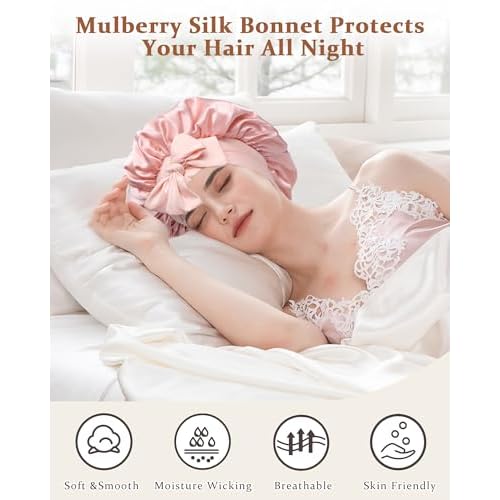 100% Mulberry Silk Bonnet for Sleeping Women Double Layer Silk Hair Bonnet Natural Silk Sleep Cap with Elastic Reversible Hair Wrap (Pink+Beige)
