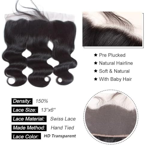 MSGEM 13x6 Lace Frontal Body Wave HD Transparent Frontal Ear to Ear 13x6 Lace Frontal Closure With Baby Hair Free Part 100% Virgin Human Hair Closure Natural Hairline 150% Density 14inch
