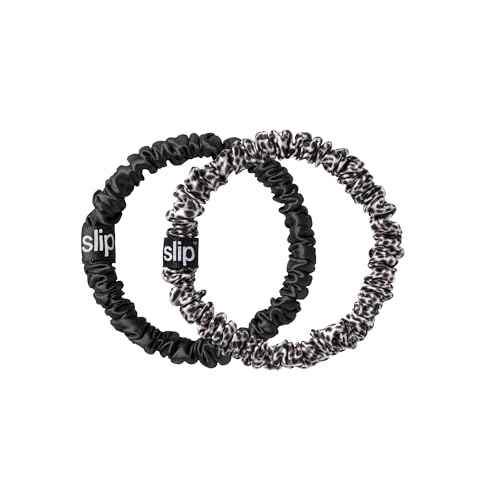 slip Skinny Scrunchies, Black & Leopard |Pure Silk Skinny Scrunchie | 100% Mulberry Silk, Anti-Crease, Gentle on Hair, Reduces Breakage | Stylish & Durable, Amazon Exclusive