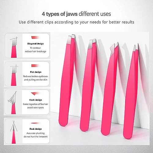 Pink Steel Tweezers Set - Eyebrow, Blackhead & Ingrown Hair Removal Tool
