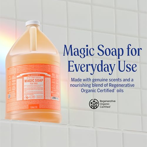 Dr. Bronner's Pure-Castile Magic Soap Liquid (Tea Tree, 1 Gallon) ? Made with Regenerative Organic Oils, 18-in-1 Uses for Face, Hair, Laundry, Dishes, Hand Soaps & Body Wash ? Natural, Vegan, Non-GMO