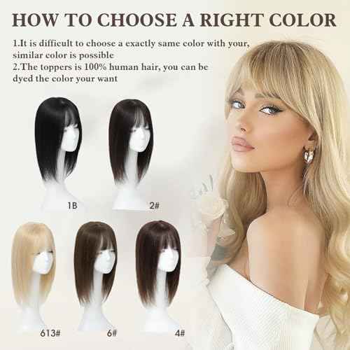 Hair Toppers for Women - 16inch Real Human Hair With Bangs, 8x8inch Skin Scalp Big Base Cover for Thinning or Hair Loss - Remy Top Pieces Wiglets