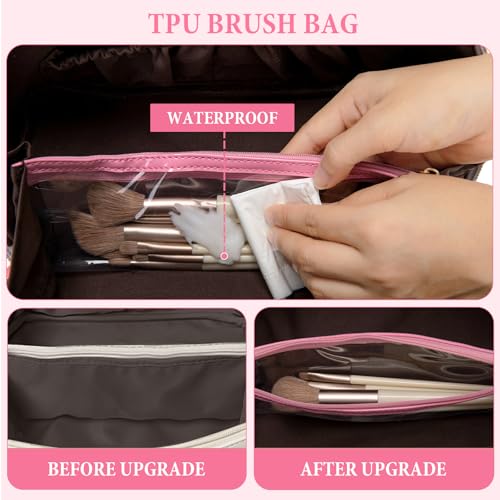 Initial Makeup Bag Large Capacity Travel Cosmetic Bag for Women PU Leather Open Flat Toiletry Bag with Handle and Divider Personalized Gifts for Women (Pink M)