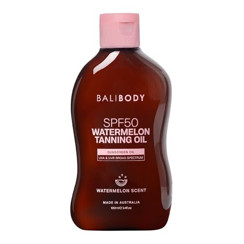 Bali Body Watermelon Tanning Oil SPF50 ? Tanning Oil with SPF for Dark Glow Skin, Fast-Absorbing, Non-Greasy Formula, Hydrating, Travel Size, Cruelty-Free, Vegan Australian Made (100ml/3.4floz)