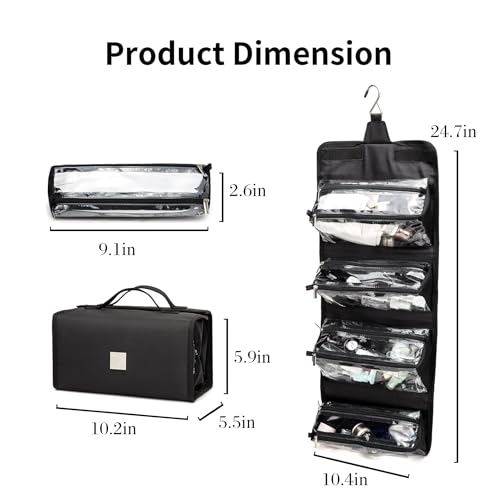 ROYALFAIR Roll Up Makeup Bag, Travel Toiletry Bag for Women with 4 Clear TSA Approved Pouches, Hanging Travel Organizer, Folding Cosmetic Bag for Men and Women
