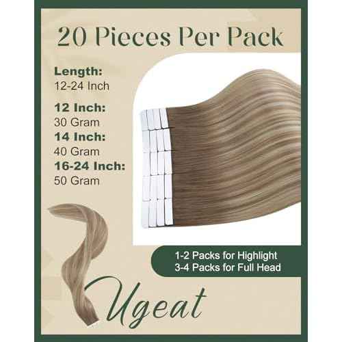 Ugeat Light Brown Tape in Hair Extensions Human Hair Blonde Ombre Tape in Human Hair Extensions Seamless Dark Ash Blonde Color No Damage to Natural Hair for Wedding 16Inch 20Pcs 50G