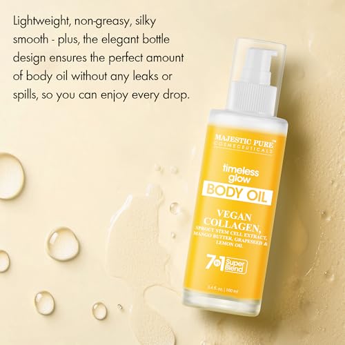 Majestic Pure Timeless Glow Body Oil -100% Pure & Natural Vegan Collagen with Grapeseed, Jojoba, Lemon Oil -After Shower Body Oils for Women and Men - Scented, Radiant, Firming Massage Oil - 3.4 Fl Oz