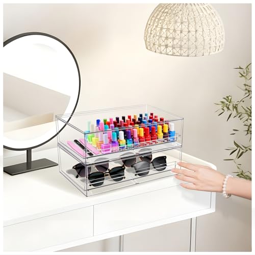 Clear Stackable Storage Drawers,2 Pack Plastic Organizers Bins for Makeup Organizer,Bathroom Makeup Organizer for Palettes,Cosmetic, and Beauty Supplies,Ideal for Vanity, Cabinet,Desk Organization