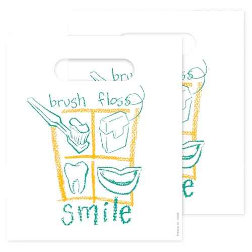 Practicon Brush Floss Smile 7-3/4" x 9" Dental Giveaway Bag, Dental Hygiene Patient Care Goodie Bag, Dentist Office Plastic Gift Bags, 100 Pack