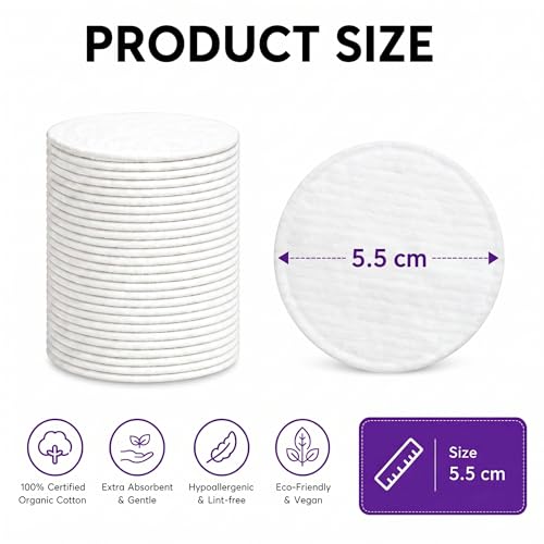 Organic Cotton Makeup Remover Pads 300-Count - Hypoallergenic & Reusable Facial Cleansing Pads