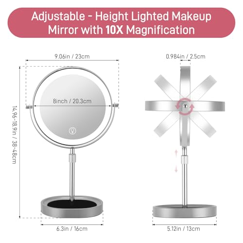 JOYOHMLTD Matte Black Rechargeable Lighted Makeup Mirror 8-inch Dual-Sided 1X/10X with Touch Control & Dimmable Lights