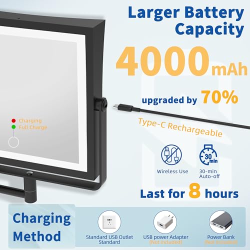Ruacq Rechargeable Wall Mounted Makeup Mirror with Lights, Double Sided 1X/10X Magnifying Vanity Mirror with 3 Color Lighting, Touch Screen Dimmable, 360¡Æ Rotation Extension Foldable Arm(Matte Black)