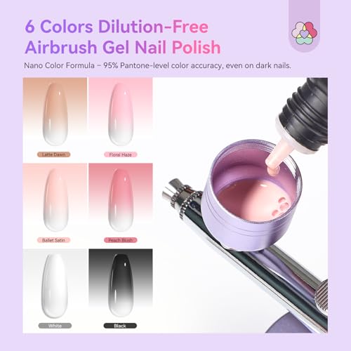 SAVILAND 7-in-1 Nail Airbrush Kit with Gel Colors & Accessories - Black, White, Pink, Nude