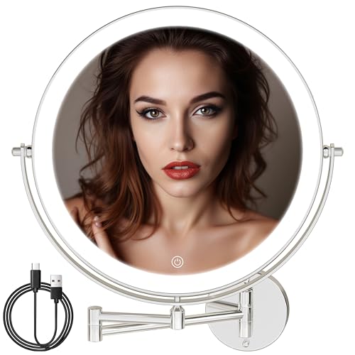 10" Wall Mounted Makeup Mirror with Light, 3000mAh Rechargeable Double Sided 1X / 7X Magnifying Vanity Mirror, 3 Color Lights Touch Dimmable 360¡Æ Rotation Bathroom Mirror, Chrome