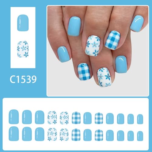 Blue Checkered Press On Nails Short Square 24Pcs