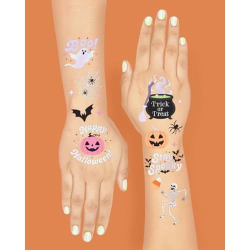 xo, Fetti Halloween Temporary Tattoos - 50 Iridescent Styles | Spooky Decorations, Kids Party Accessory, Haunted House Theme Favor, Trick or Treating Gift