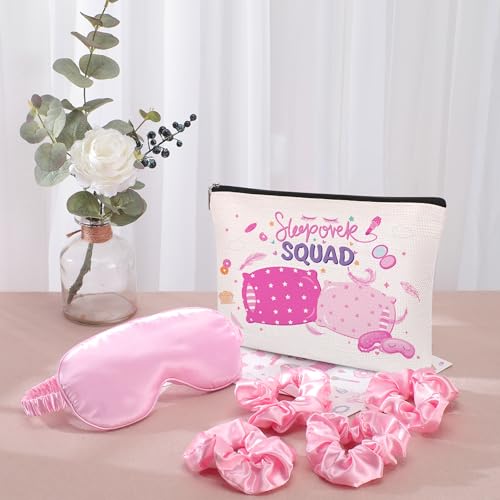 24 Pcs Sleepover Party Supplies for Girls, Sleepover Squad Spa Party, Makeup Bags Party Favor with Satin Eye Mask Satin Hair, Scrunchies Pajama Slumber Squad, Birthday Party