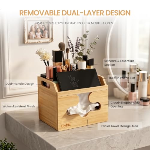 Bamboo Face Towel Organizer with Phone Slot & Double Layer